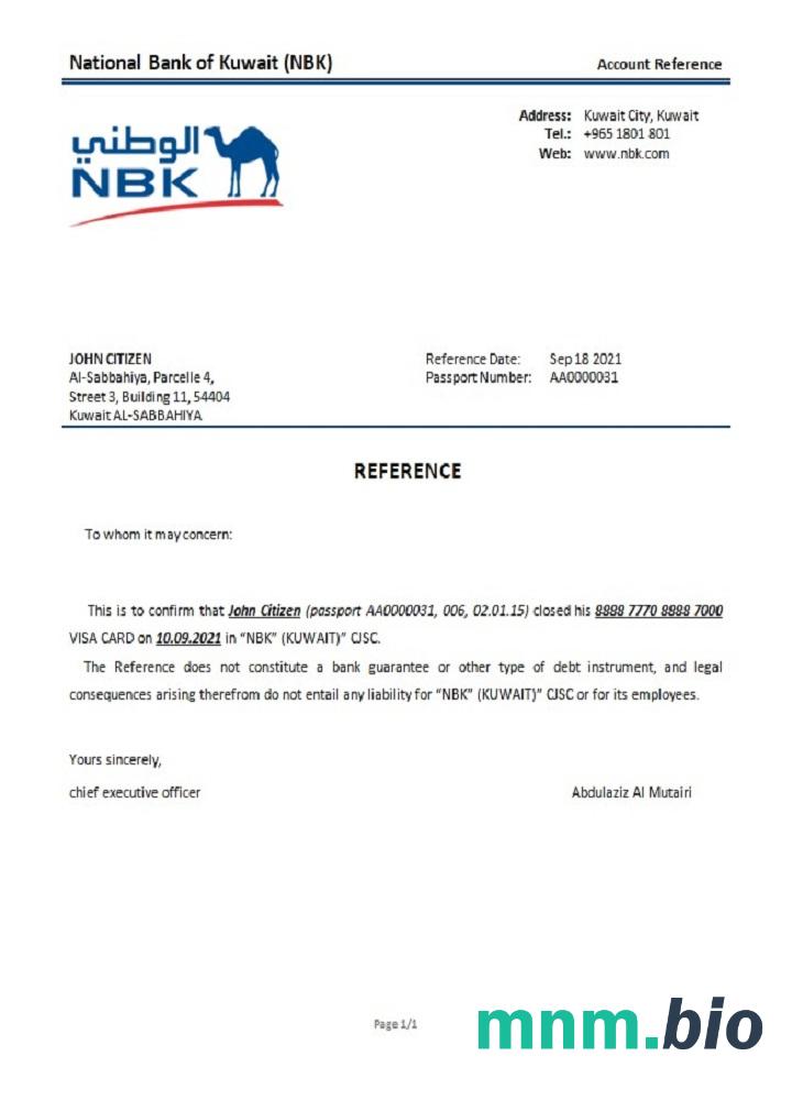 Kuwejcki Narodowy Bank Kuwejtu przykład odniesienia zamknięcia w formatach Word i PDF